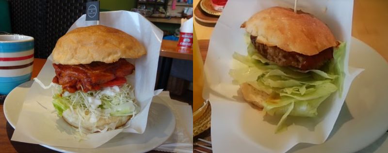 Anniversary & Days cafeの真砂タンドリーチキンバーガーと手ごねハンバーグバーガーの写真