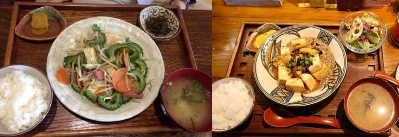 すまくゆいのゴーヤちゃんぷる定食と麻婆島豆腐定食の写真