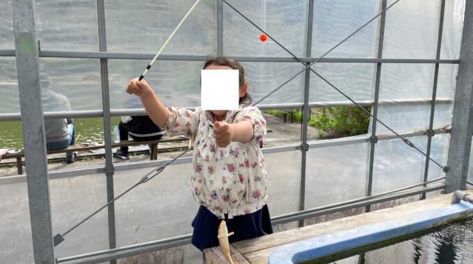 谷養魚場のミニ釣り堀で錦鯉を釣った娘の写真