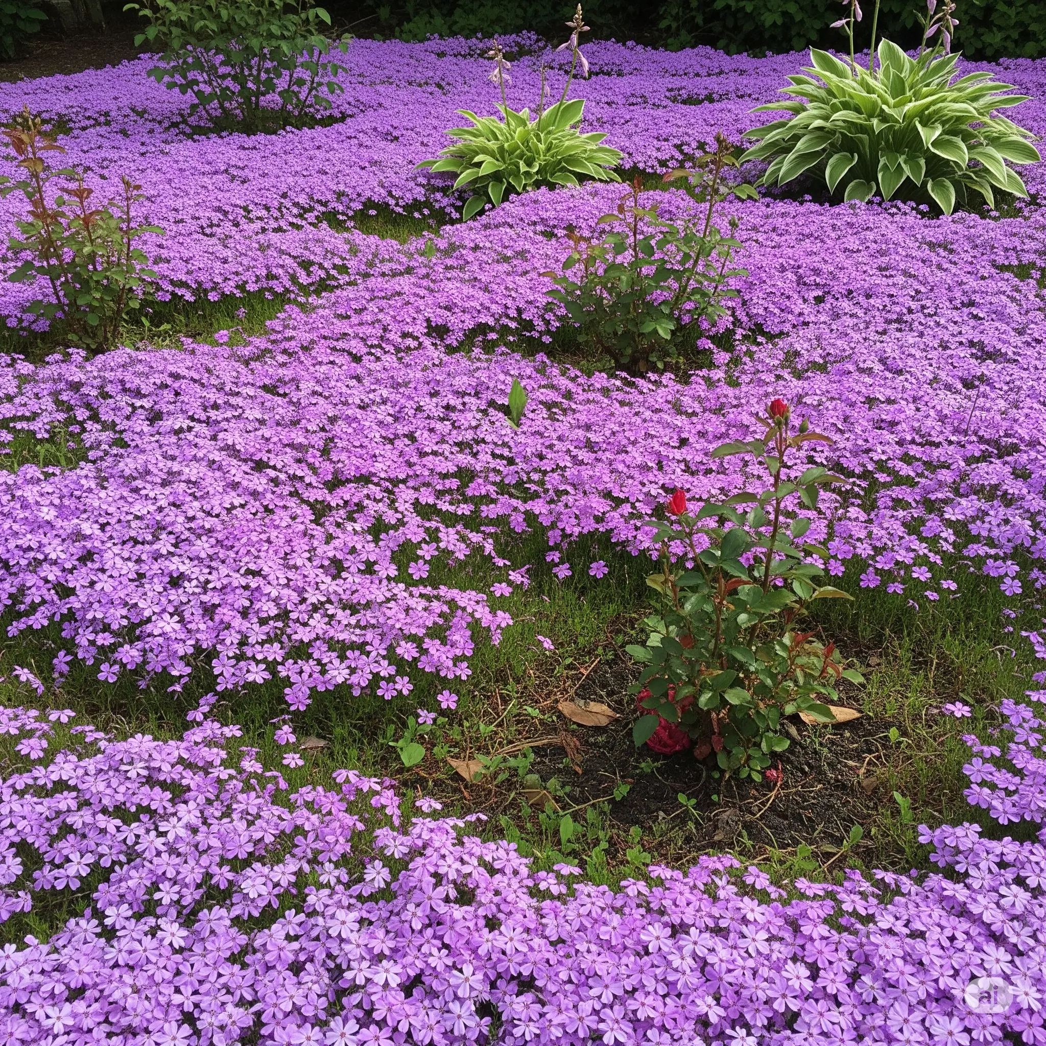 芝桜が他の植物を覆う画像
