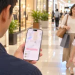カップルがショッピングモールで位置情報アプリを使って待ち合わせするイメージ